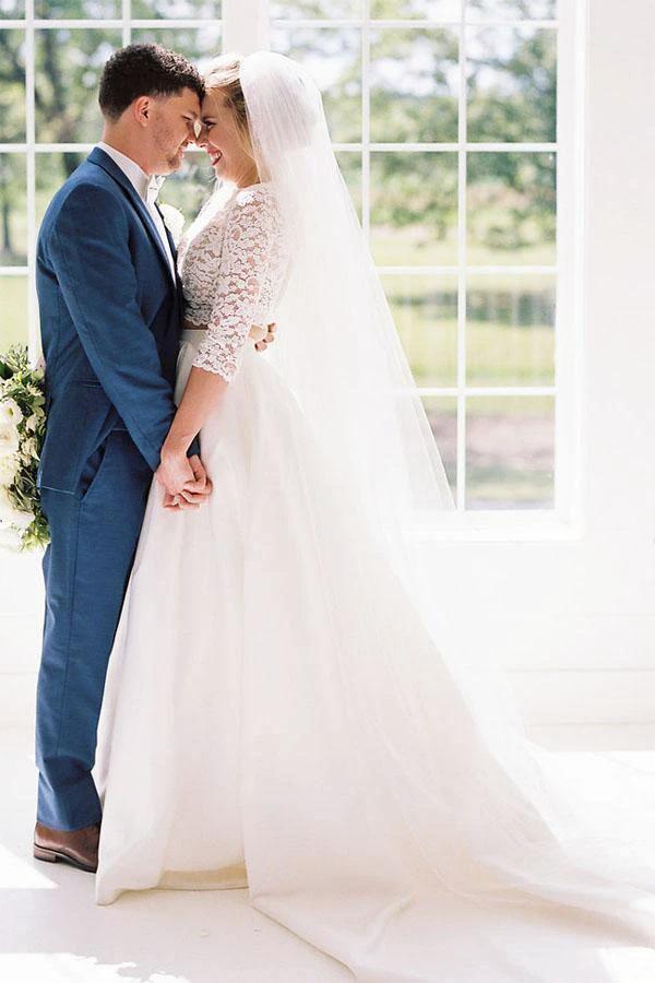 Two Piece Half Sleeves See-Through Wedding Dress with Lace Top  WD387 - Image 2
