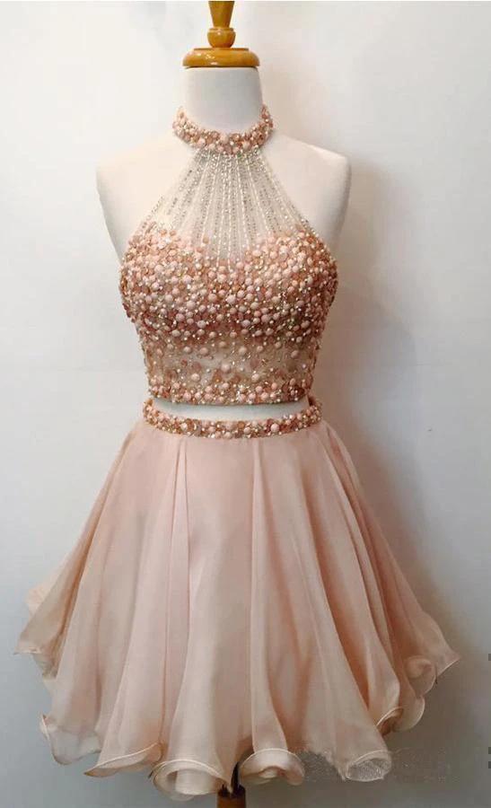 Two Piece Halter Homecoming Dresses Blush Pink Short Prom Dresses PD289 - Image 2