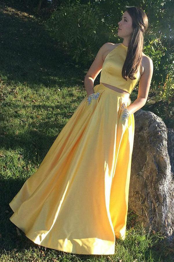 Two Piece Halter Neck Satin Long Prom Dress With Beading Pocket PSK374 - Image 2