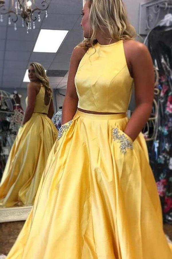 Two Piece Halter Neck Satin Long Prom Dress With Beading Pocket PSK374 - Image 3