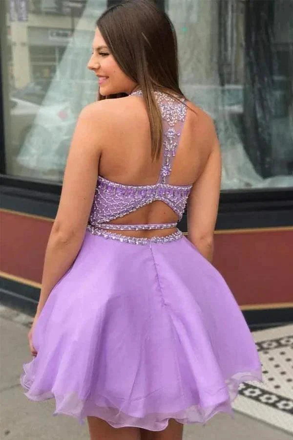 Two Piece High Neck Beading Lilac Chiffon Homecoming Dress PD335 - Image 2