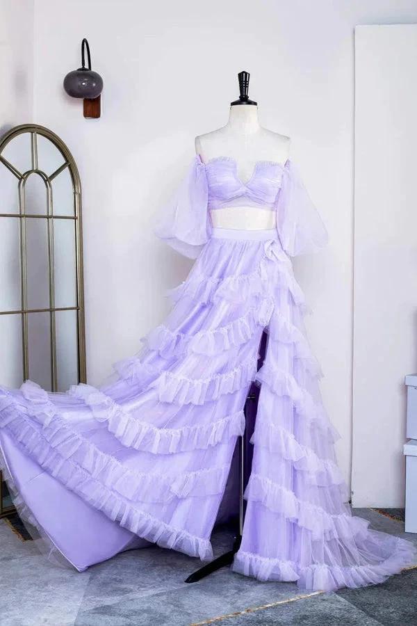 Two Piece Lavender Off the Shoulder Ruffles Prom Dress with Slit PSK469 - Image 2