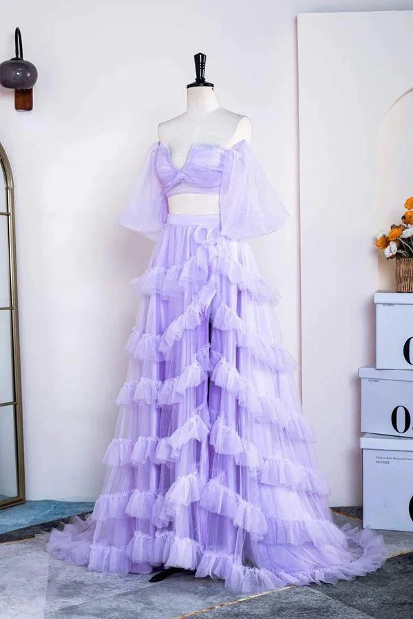Two Piece Lavender Off the Shoulder Ruffles Prom Dress with Slit PSK469 - Image 3