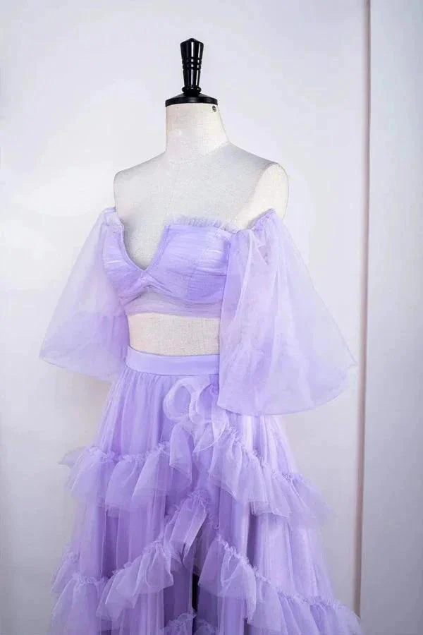 Two Piece Lavender Off the Shoulder Ruffles Prom Dress with Slit PSK469 - Image 4