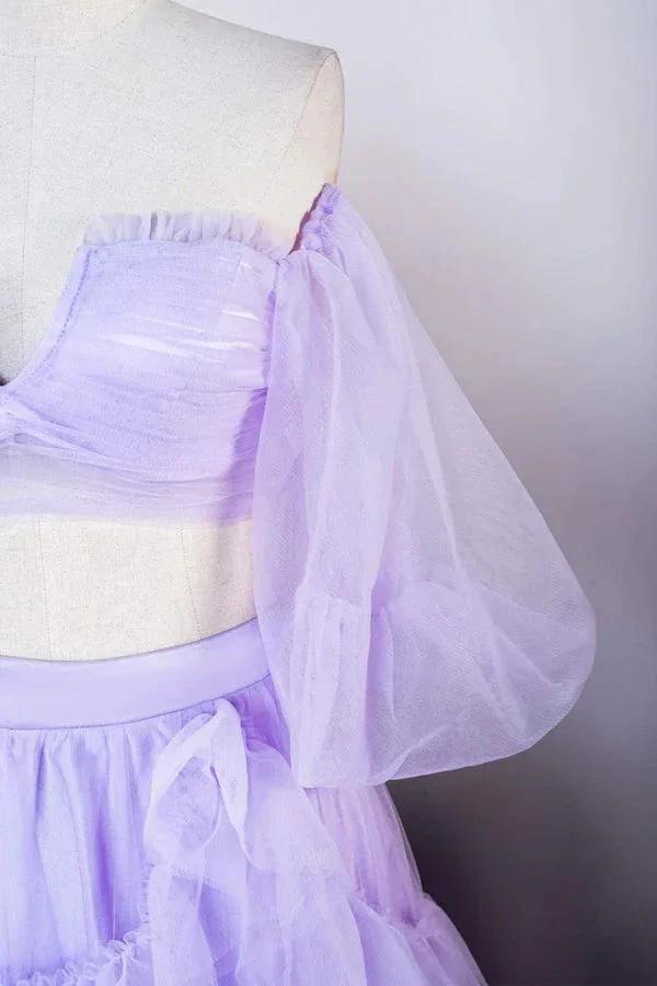 Two Piece Lavender Off the Shoulder Ruffles Prom Dress with Slit PSK469 - Image 6