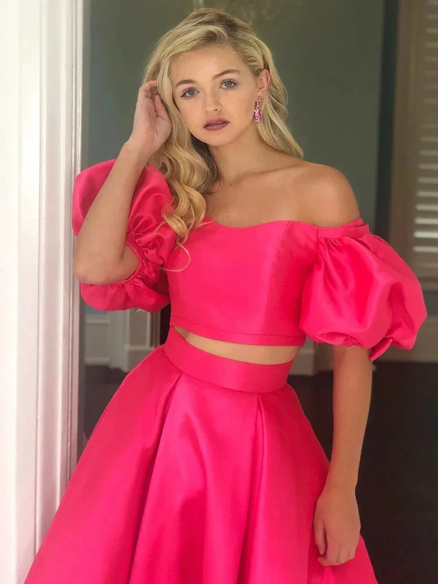 Two Piece Long A-line Off the Shoulder Satin Formal Prom Dresses with Sleeves - Image 2