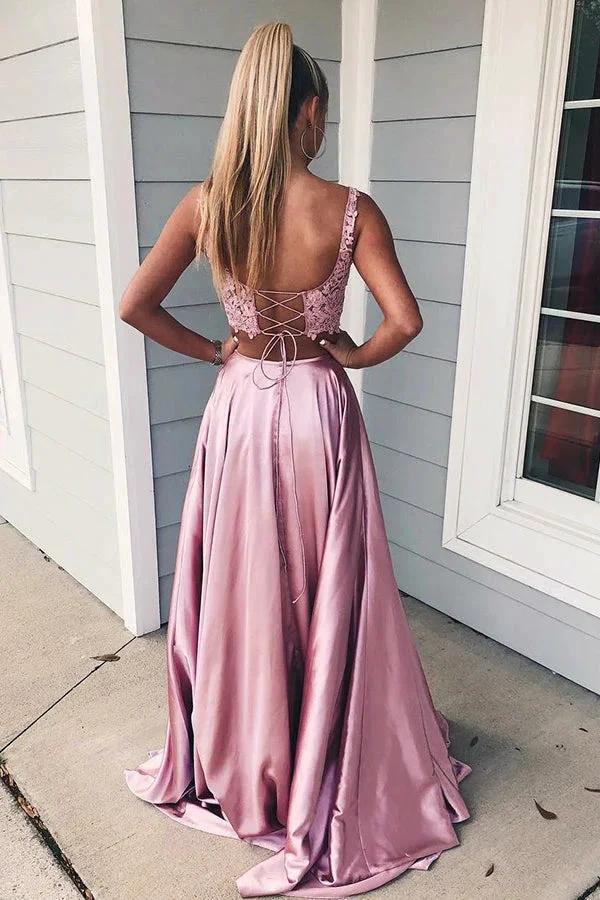 Two Piece Long A-Line Square Neckline Front Slit Prom Dress With Pockets - Image 2