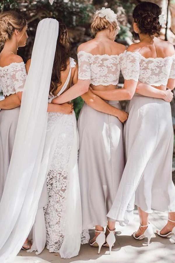 Two Piece Off-the-Shoulder Grey Chiffon Bridesmaid Dress with Lace BD051 - Image 2
