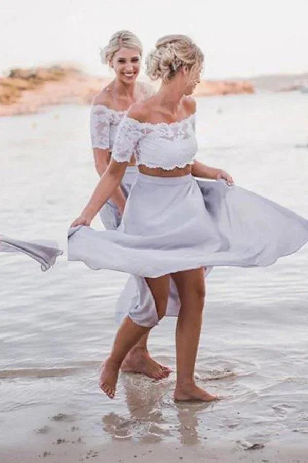 Two Piece Off-the-Shoulder Grey Chiffon Bridesmaid Dress with Lace BD051 - Image 3