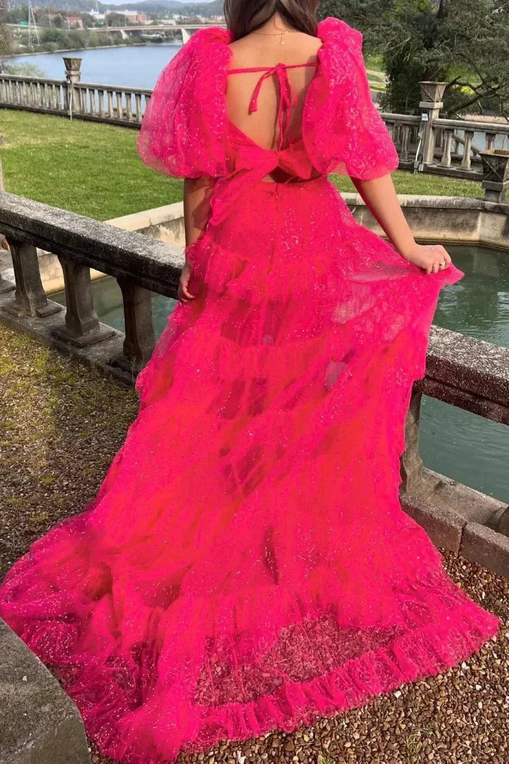 Two-Piece Puff Sleeve Ruffle Glitter Tulle Prom Dress with Slit - Image 2