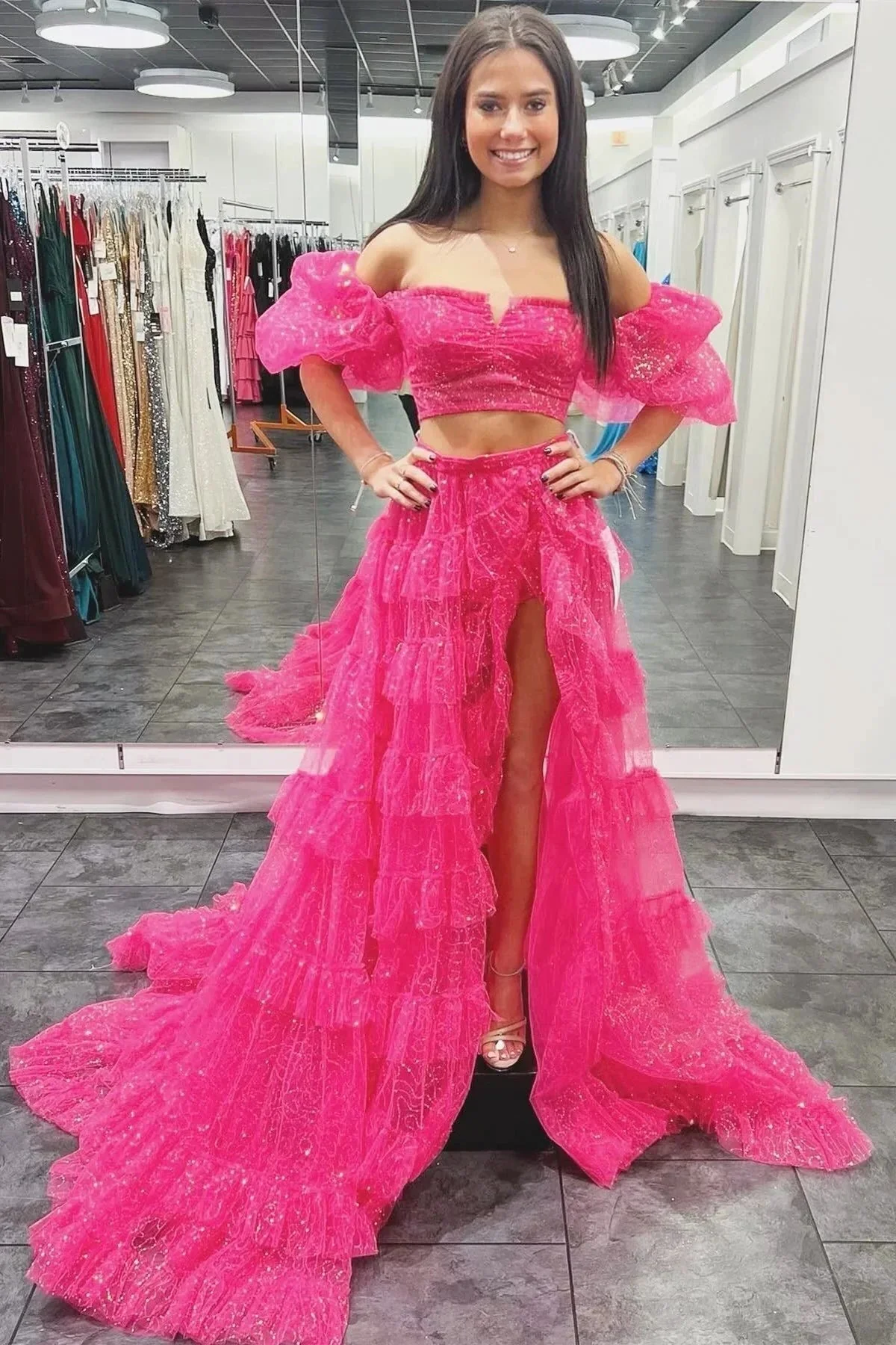 Two-Piece Puff Sleeve Ruffle Glitter Tulle Prom Dress with Slit - Image 3