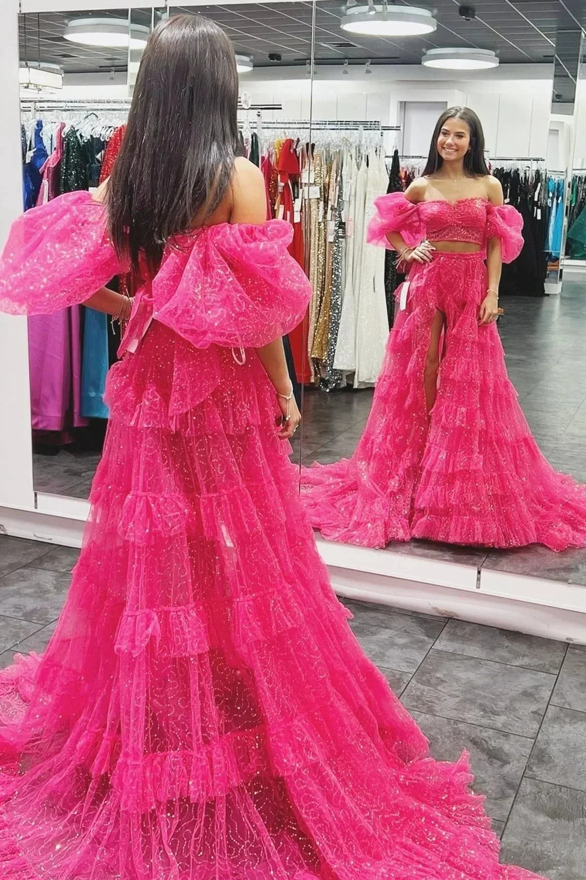 Two-Piece Puff Sleeve Ruffle Glitter Tulle Prom Dress with Slit - Image 4