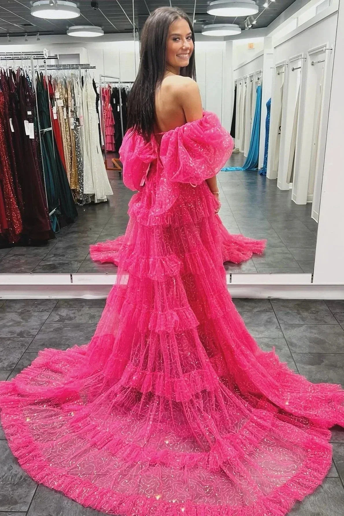 Two-Piece Puff Sleeve Ruffle Glitter Tulle Prom Dress with Slit - Image 5