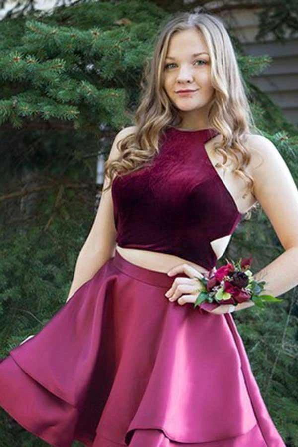 Two Piece High Neck Cut-out Burgundy Homecoming Party Dress PD035 - Image 2