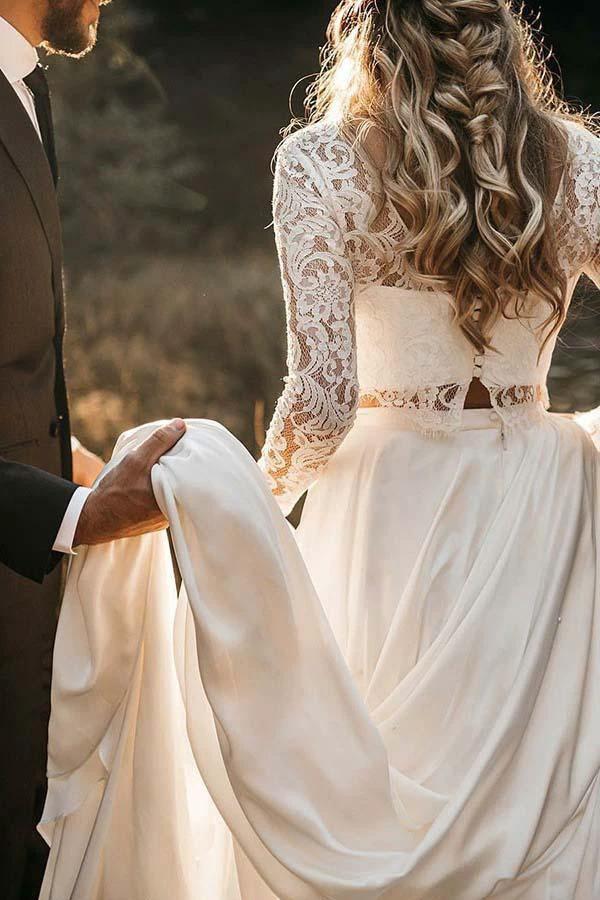 Two Piece Round Neck Lace Top Iovry Chiffon Dress with Long Sleeves  WD416 - Image 6