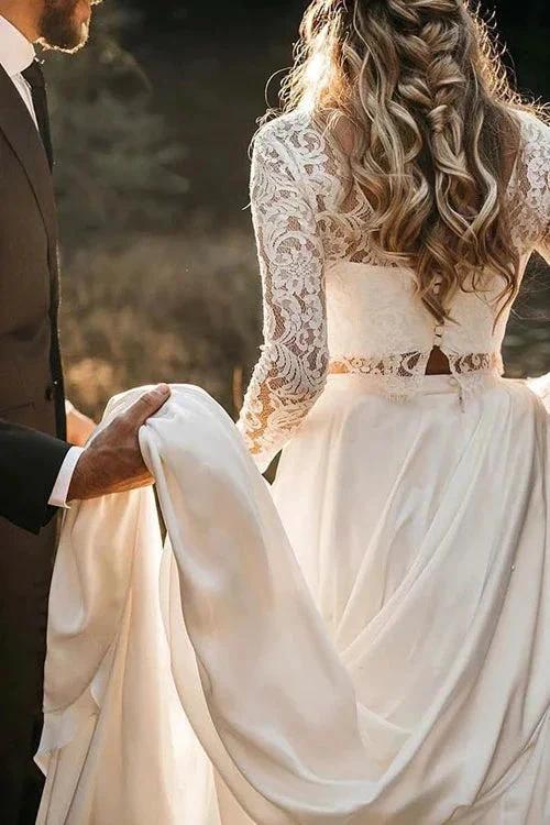 Two Piece Round Neck Lace White Chiffon Wedding Dress With Long Sleeves MW392 - Image 2