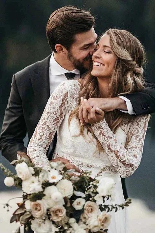 Two Piece Round Neck Lace White Chiffon Wedding Dress With Long Sleeves MW392 - Image 3