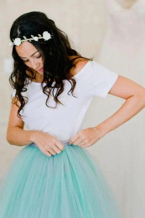 Two Piece Spaghetti Straps Sweep Train Mint Tulle Bridesmaid Dress BD082 - Image 2