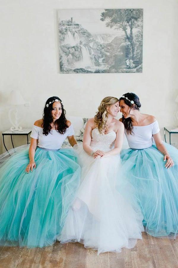 Two Piece Spaghetti Straps Sweep Train Mint Tulle Bridesmaid Dress BD082 - Image 3