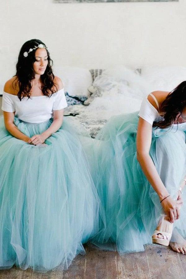 Two Piece Spaghetti Straps Sweep Train Mint Tulle Bridesmaid Dress BD082 - Image 4