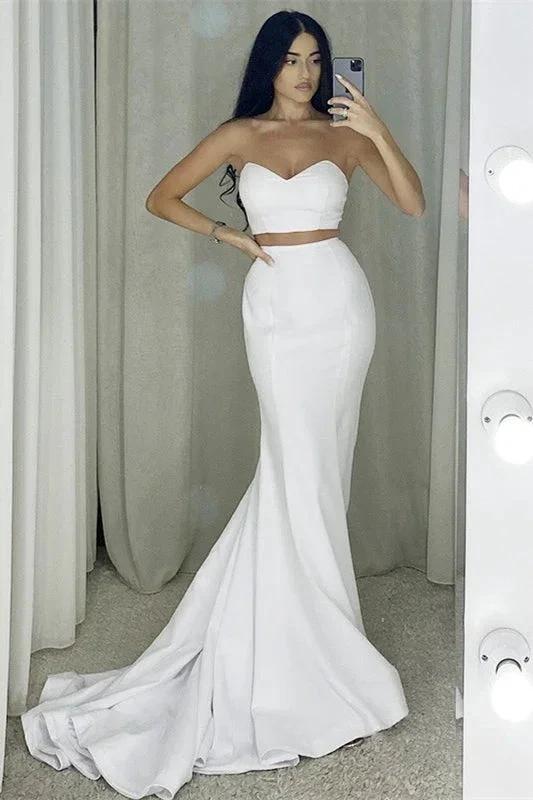 Two Piece Strapless Long Mermaid White Prom Dress - Image 2
