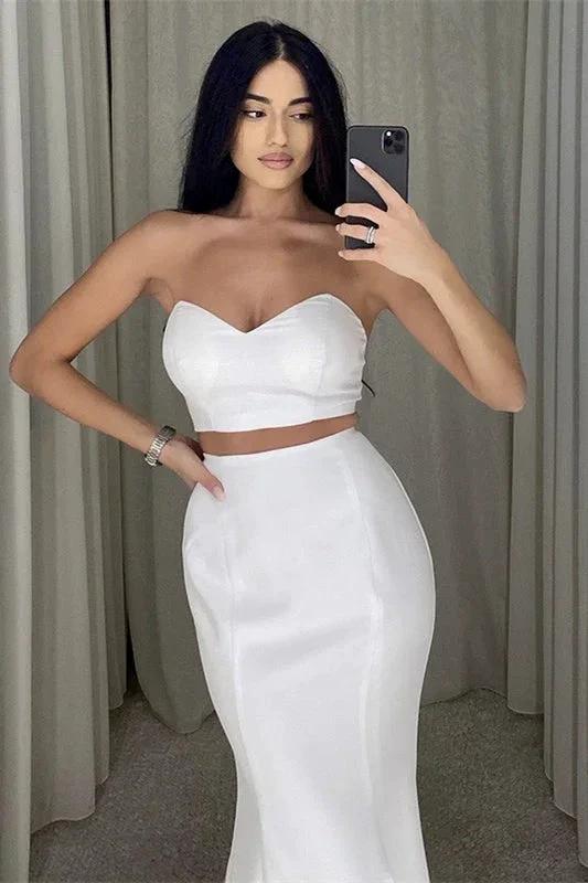 Two Piece Strapless Long Mermaid White Prom Dress - Image 4