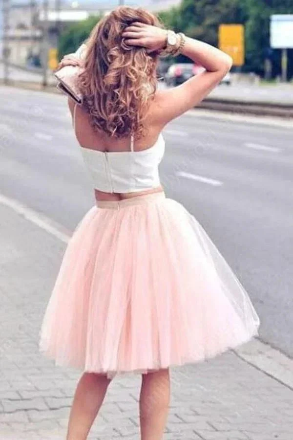 Two Piece Tulle Pink Spaghetti-Strap Sleeveless Homecoming Dresses PG100 - Image 2