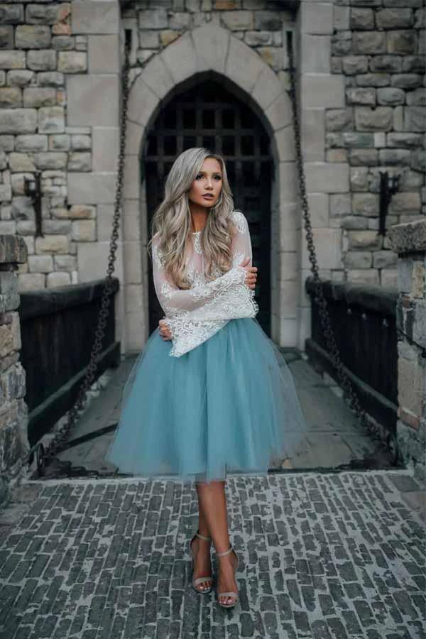 Two Piece Tulle See Through Long Sleeve Lace Homecoming Dress PD208 - Image 2
