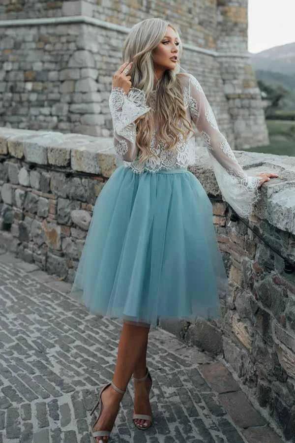 Two Piece Tulle See Through Long Sleeve Lace Homecoming Dress PD208 - Image 3