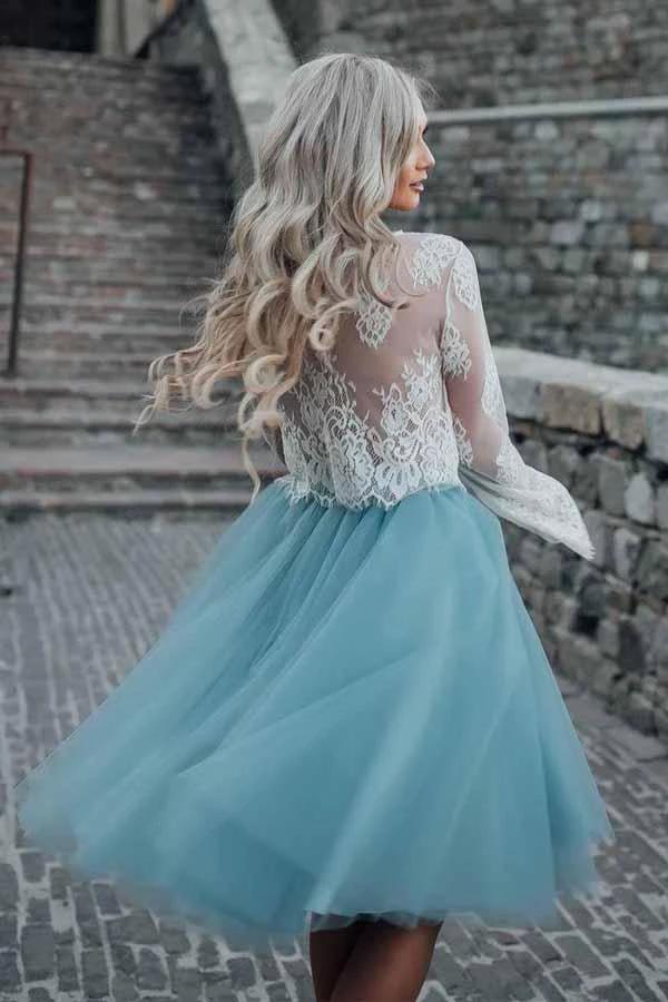 Two Piece Tulle See Through Long Sleeve Lace Homecoming Dress PD208 - Image 4