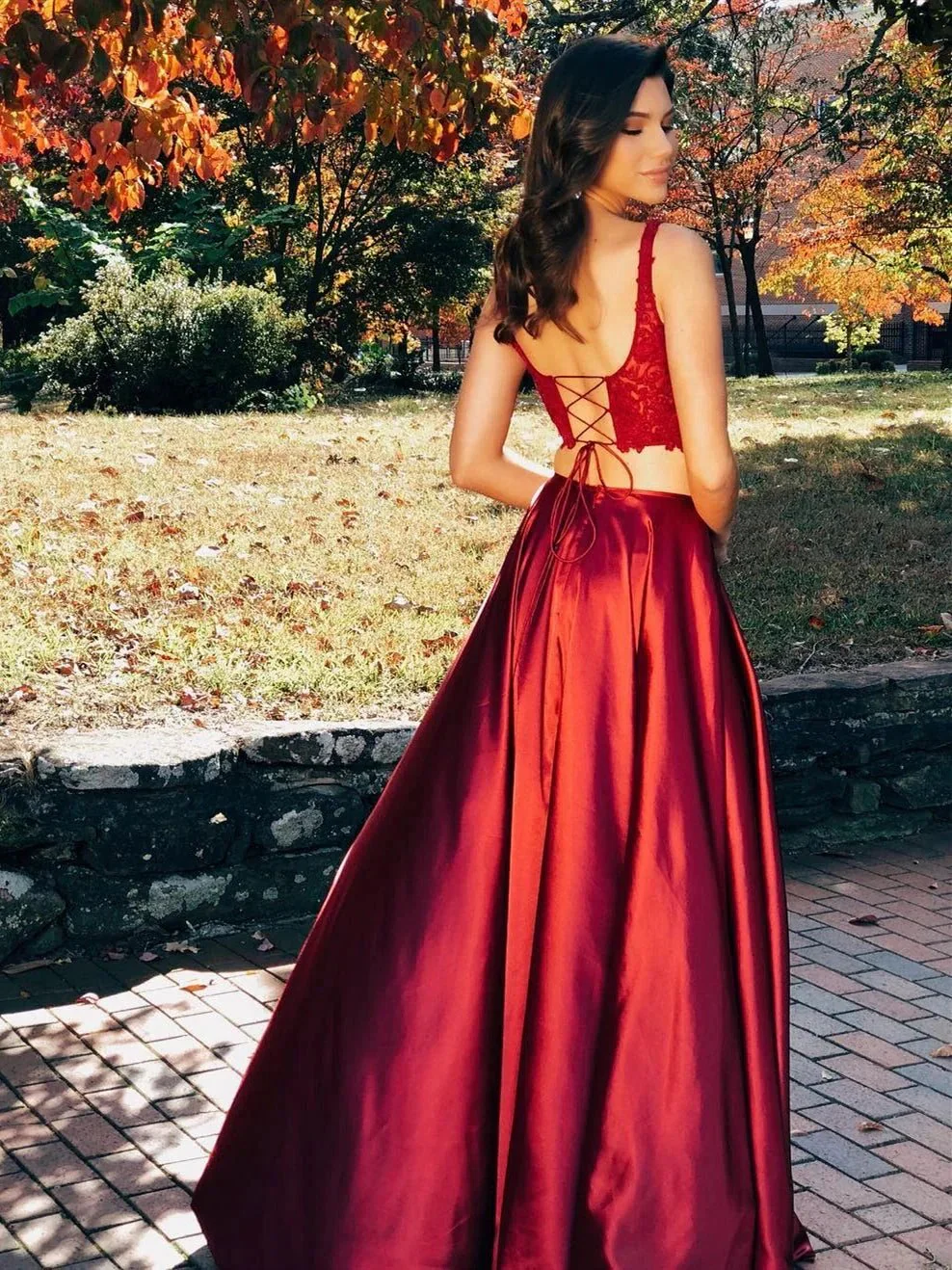 Two Pieces A-line Lace Satin Long Backless Prom Dresses with Slit - Image 2