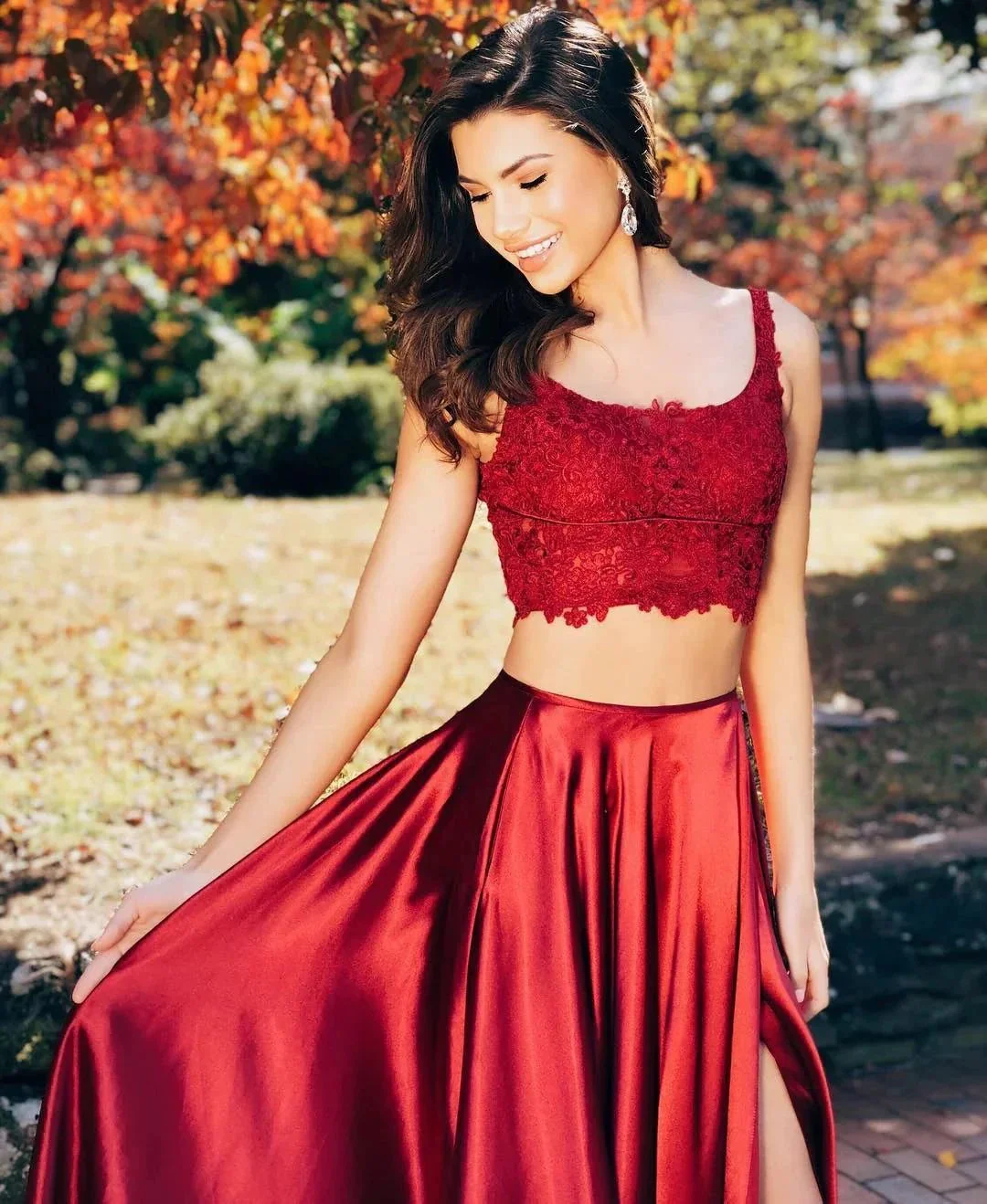Two Pieces A-line Lace Satin Long Backless Prom Dresses with Slit - Image 3