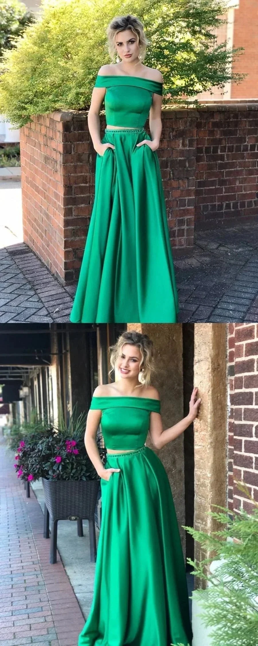 Two Pieces A-line Off the Shoulder Satin Long Prom Dresses with Pockets - Image 2