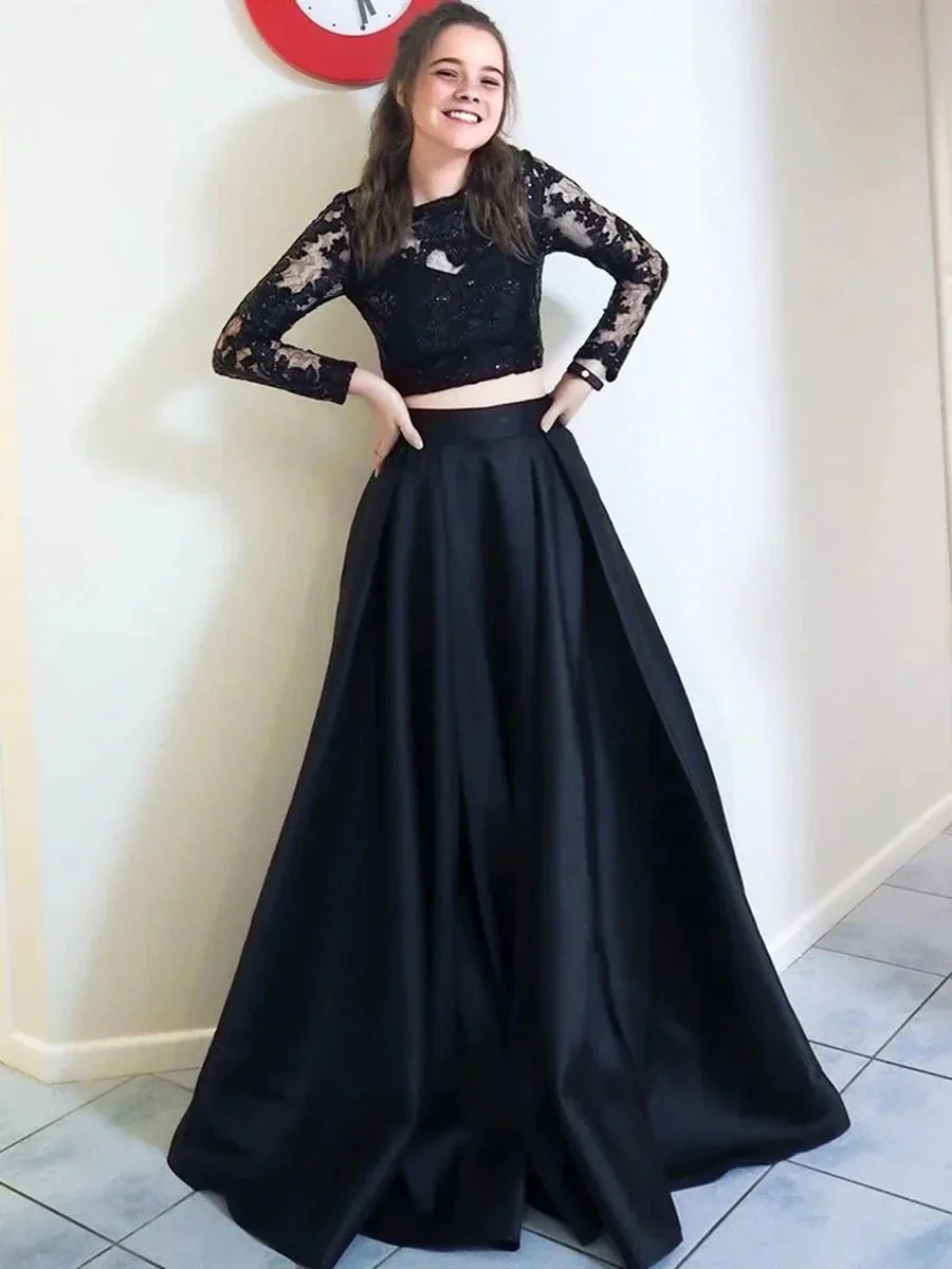 Two Pieces Black Long A-line Round Neck Satin Lace Formal Prom Dresses with Sleeves - Image 2