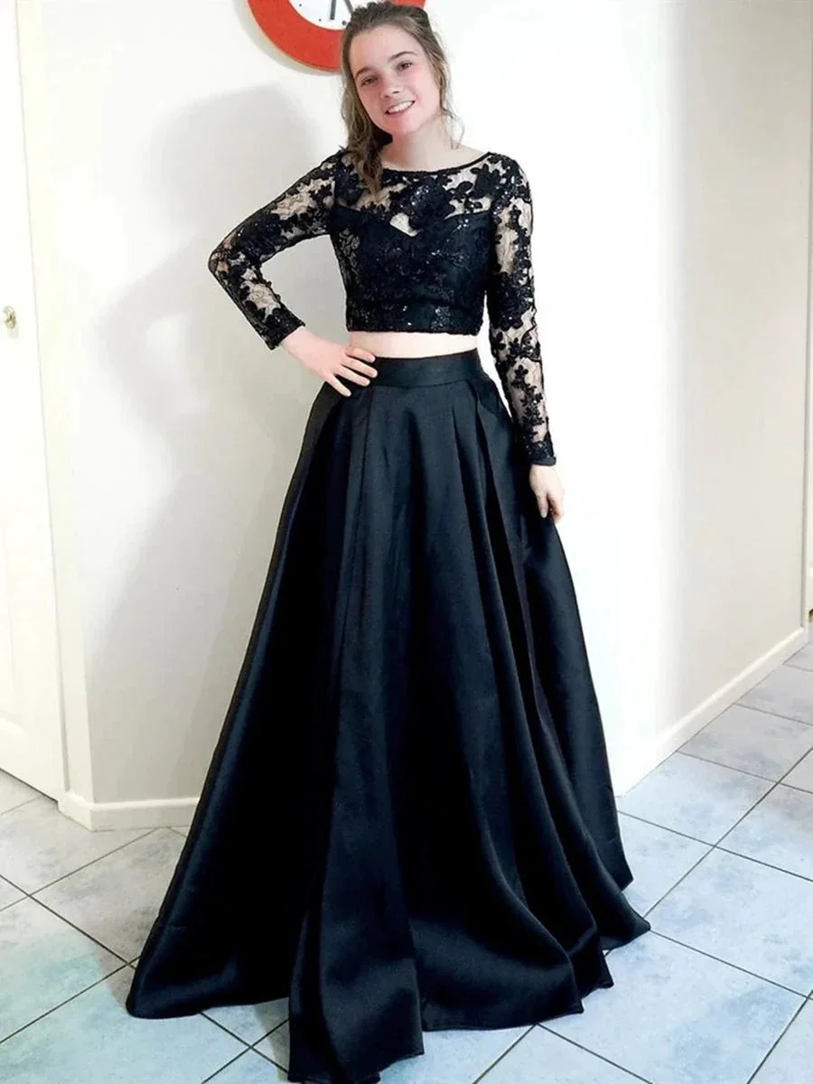 Two Pieces Black Long A-line Round Neck Satin Lace Formal Prom Dresses with Sleeves - Image 3