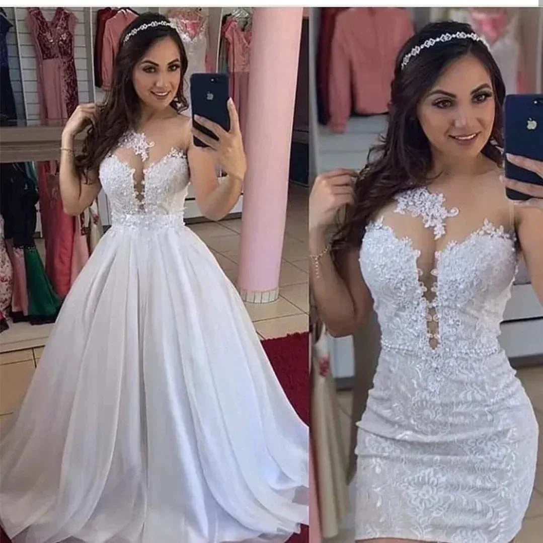 Two Pieces Detachable Train Wedding Dresses Sheath Illusion Lace 2 in 1 Bridal Gowns Vestidos de noiva - Image 3