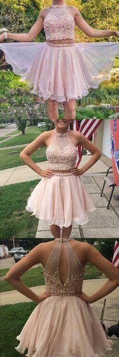 Two Pieces High Neck Beading Short Homecoming Dresses PD105 - Image 2