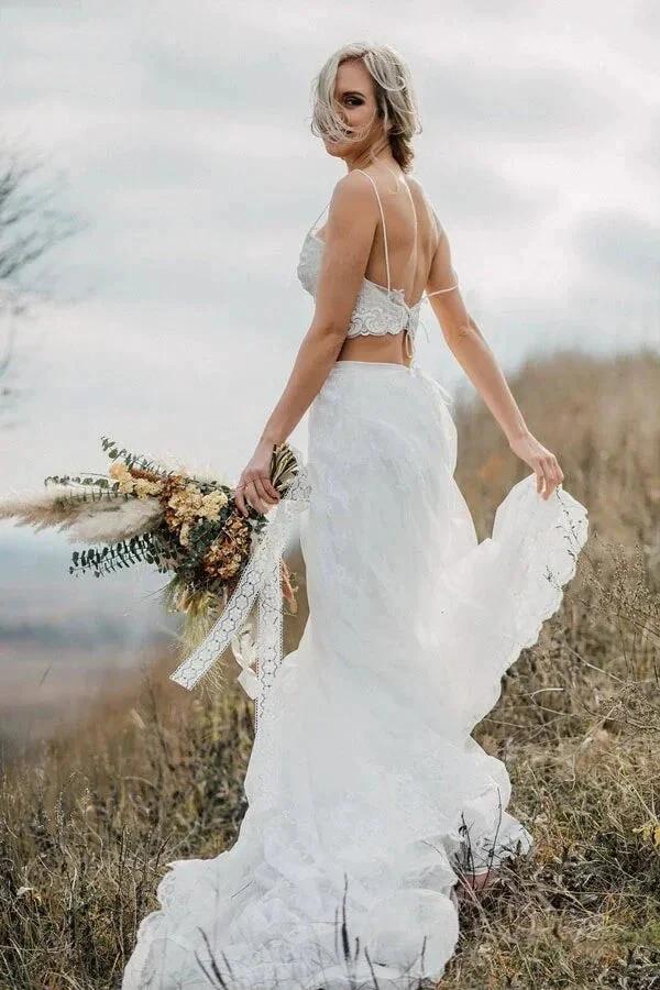 Two Pieces Lace Appliques Spaghetti Straps Wedding Dresses Bridal Gown WD628 - Image 2