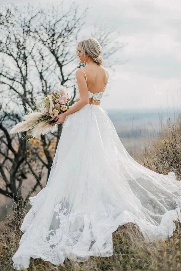 Two Pieces Lace Appliques Spaghetti Straps Wedding Dresses Bridal Gown WD628 - Image 3