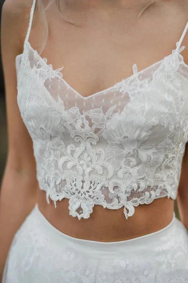 Two Pieces Lace Appliques Spaghetti Straps Wedding Dresses Bridal Gown WD628 - Image 4
