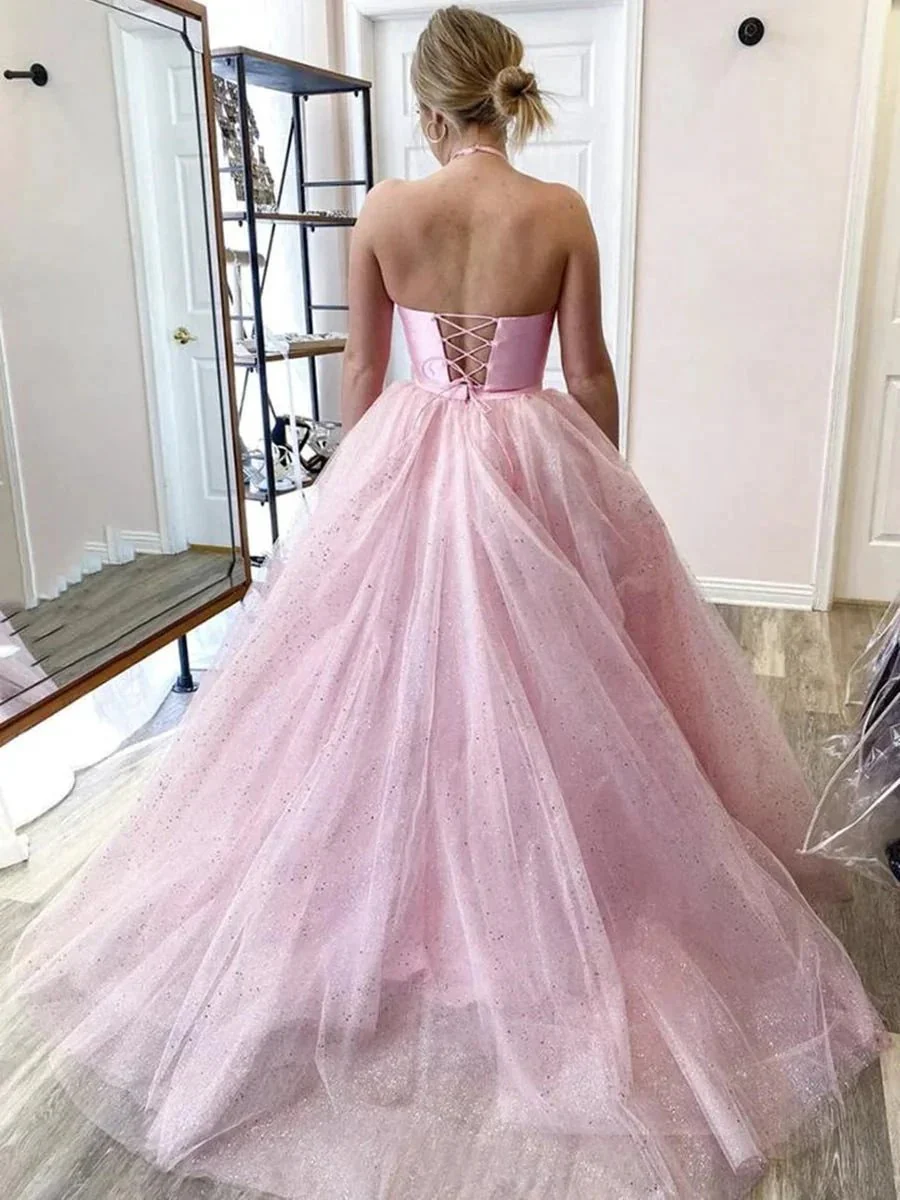 Two Pieces Long A-line Halter Satin Tulle Backless Formal Prom Dresses - Image 2