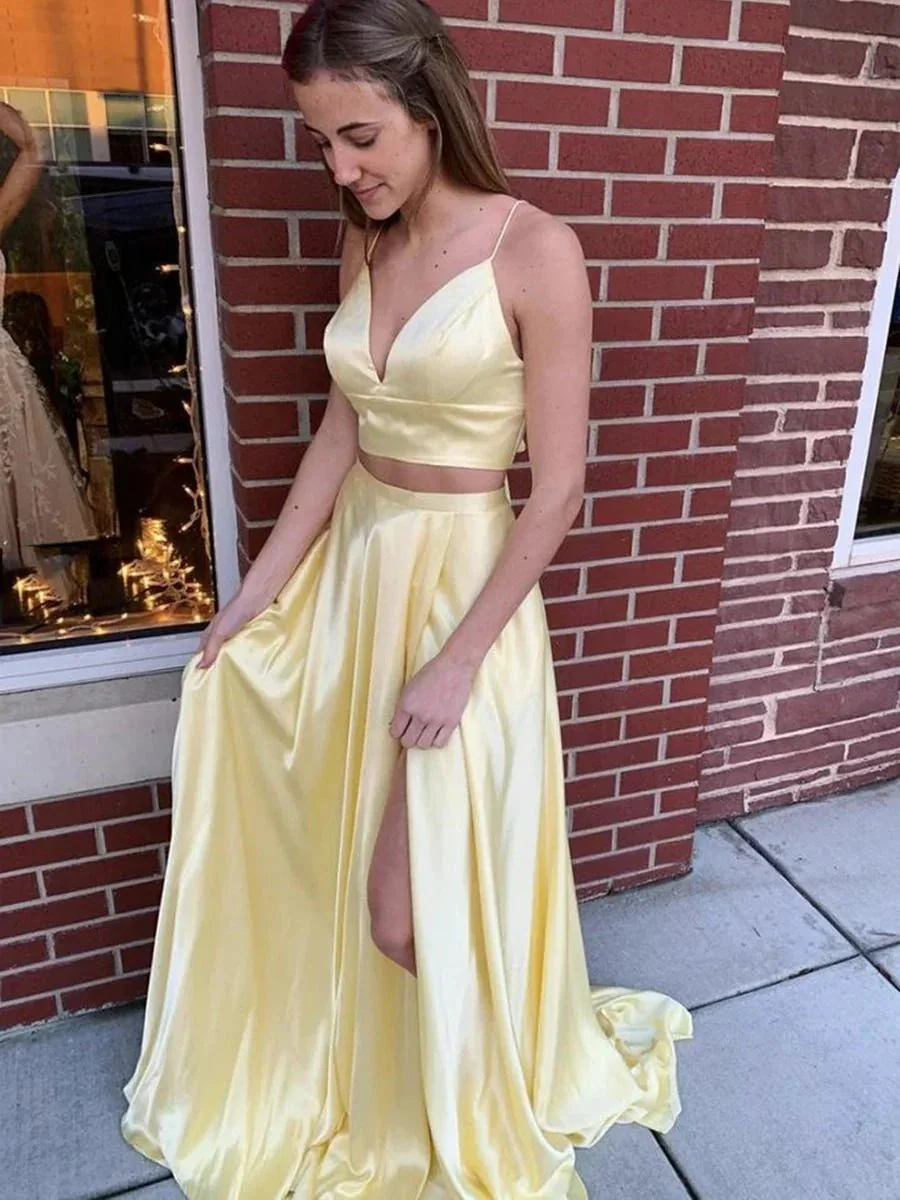Two Pieces Long A-line V-neck Satin Formal Graduation Evening Prom Dresses with Slit - Image 2