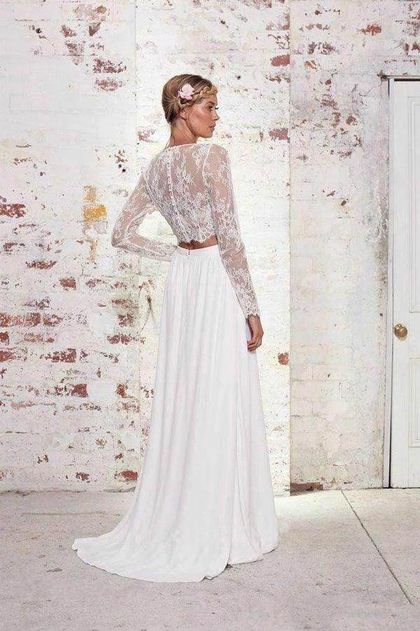 Two Pieces Long Sleeves Lace White Beach Wedding Bridal Dresses  WD383 - Image 2