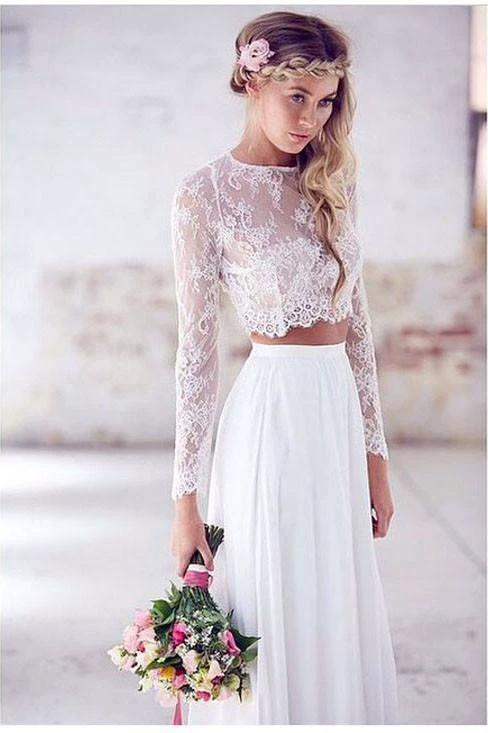 Two Pieces Long Sleeves Lace White Beach Wedding Bridal Dresses  WD383 - Image 3