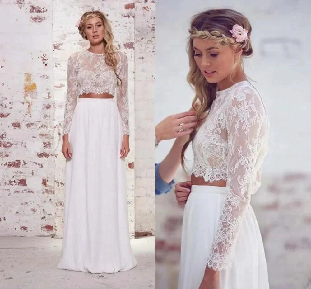 Two Pieces Long Sleeves Lace White Beach Wedding Bridal Dresses  WD383 - Image 4