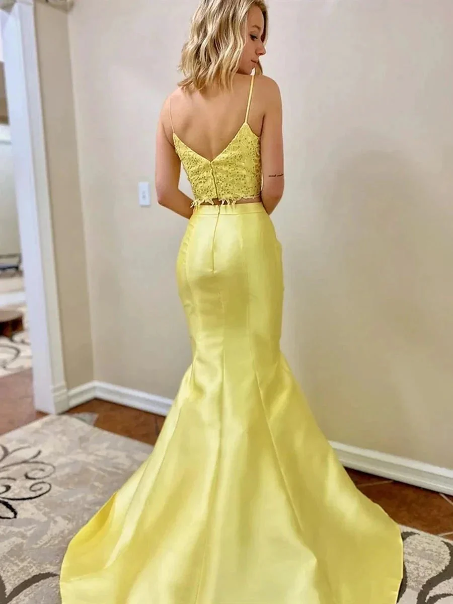 Two Pieces Mermaid V Neck Satin Lace Long Yellow Prom Dresses - Image 2