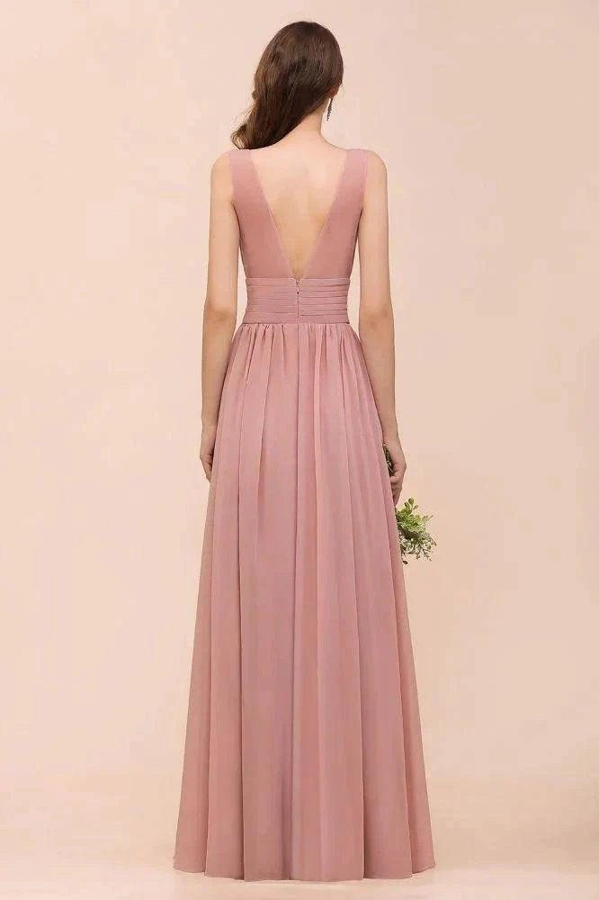 U-Neck High Waist Bridesmaid Dress Long Chiffon Formal Party Dress - Image 2
