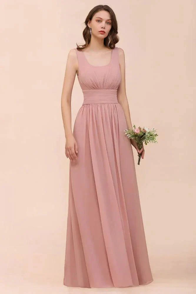 U-Neck High Waist Bridesmaid Dress Long Chiffon Formal Party Dress - Image 3