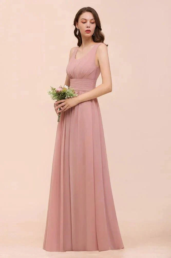 U-Neck High Waist Bridesmaid Dress Long Chiffon Formal Party Dress - Image 4