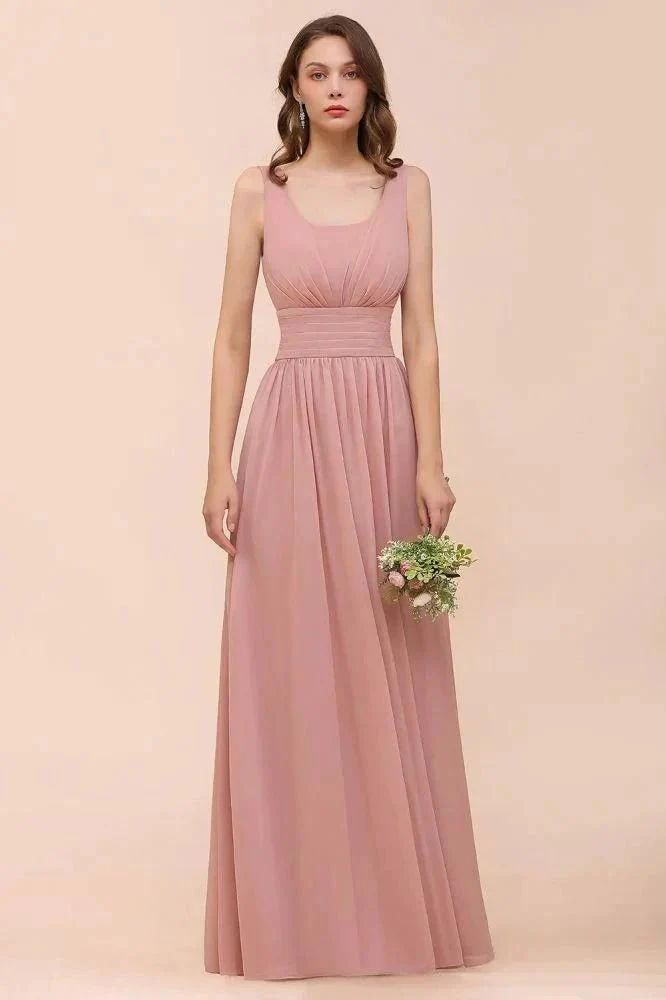 U-Neck High Waist Bridesmaid Dress Long Chiffon Formal Party Dress - Image 5